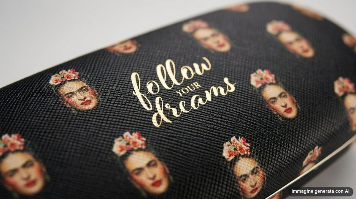 Custodia occhiali nera con stampa ripetuta di volti vintage e scritta follow your dreams in oro