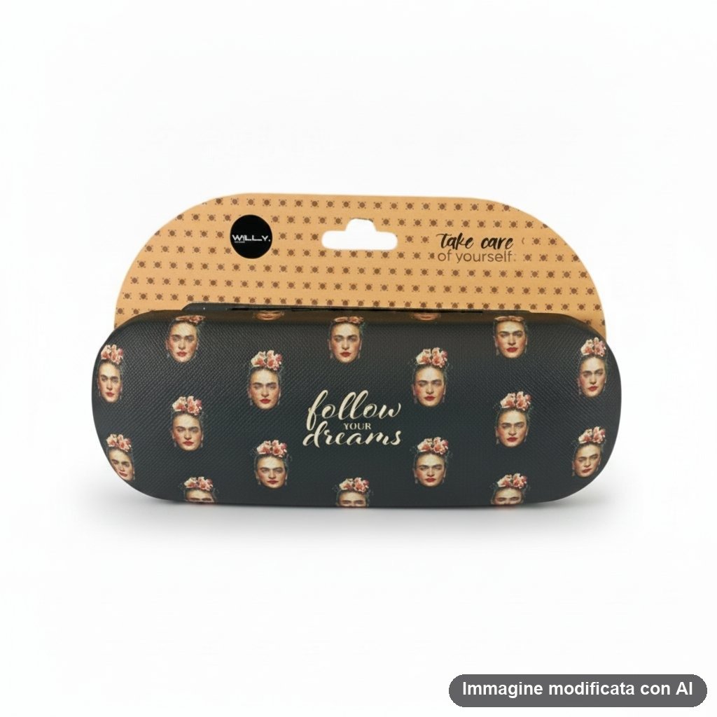 Custodia occhiali nera con stampa ripetuta di volti vintage e scritta follow your dreams in oro