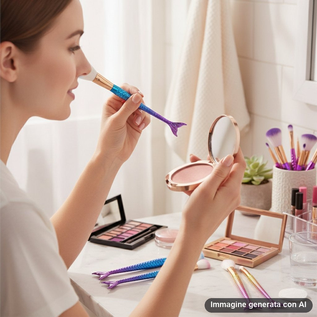 Dodici pennelli da trucco con manico a coda di sirena nei colori fucsia, blu e giallo sfumato