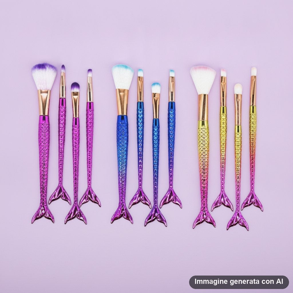 Dodici pennelli da trucco con manico a coda di sirena nei colori fucsia, blu e giallo sfumato