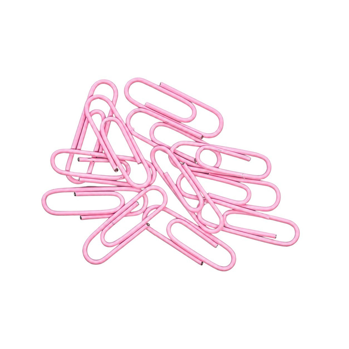 Set di 40 graffette in metallo rivestito di colore rosa acceso, disposte a ventaglio su sfondo bianco