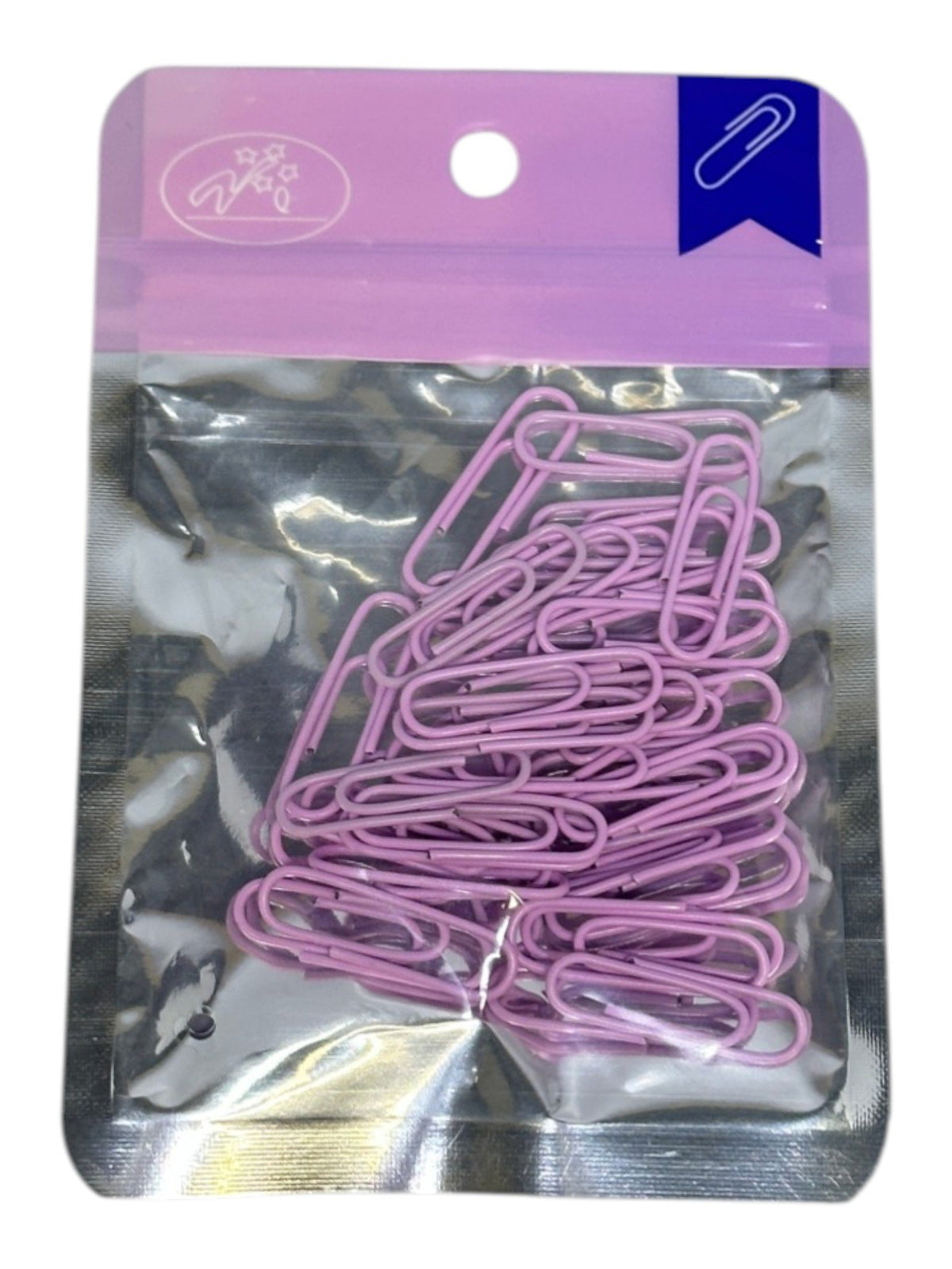 Set di 40 graffette in metallo rivestito di colore rosa acceso, disposte a ventaglio su sfondo bianco
