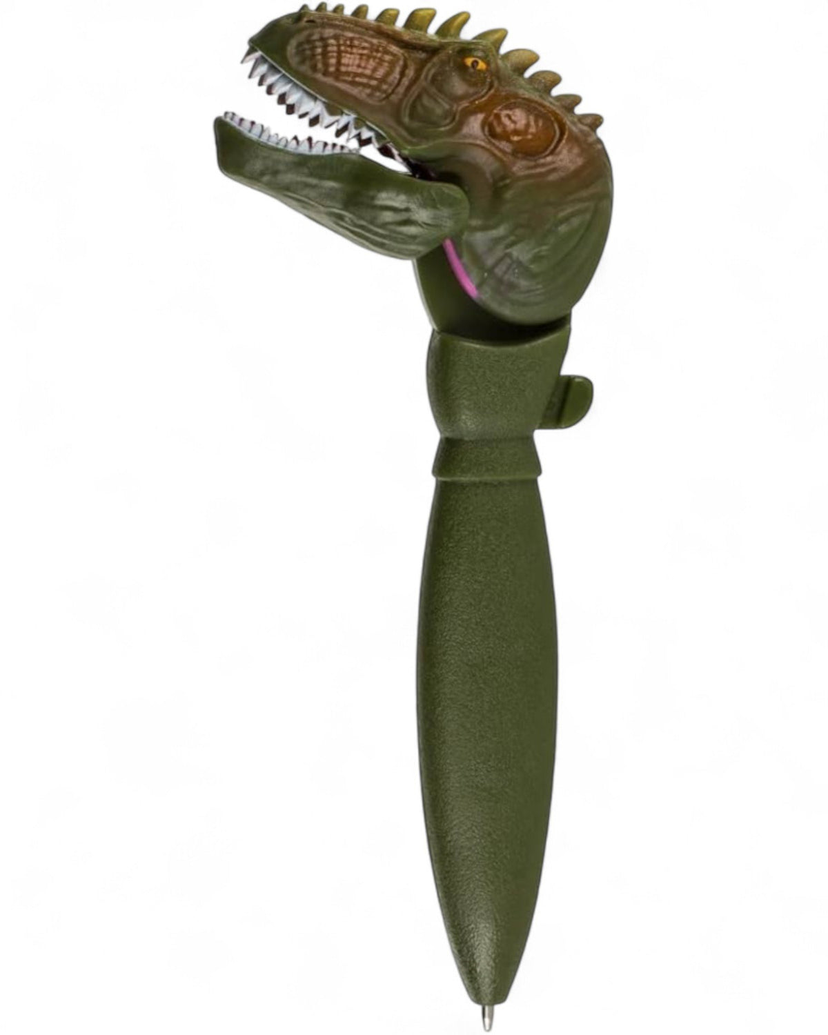 Penna verde con testa di dinosauro che apre e chiude la bocca con denti bianchi
