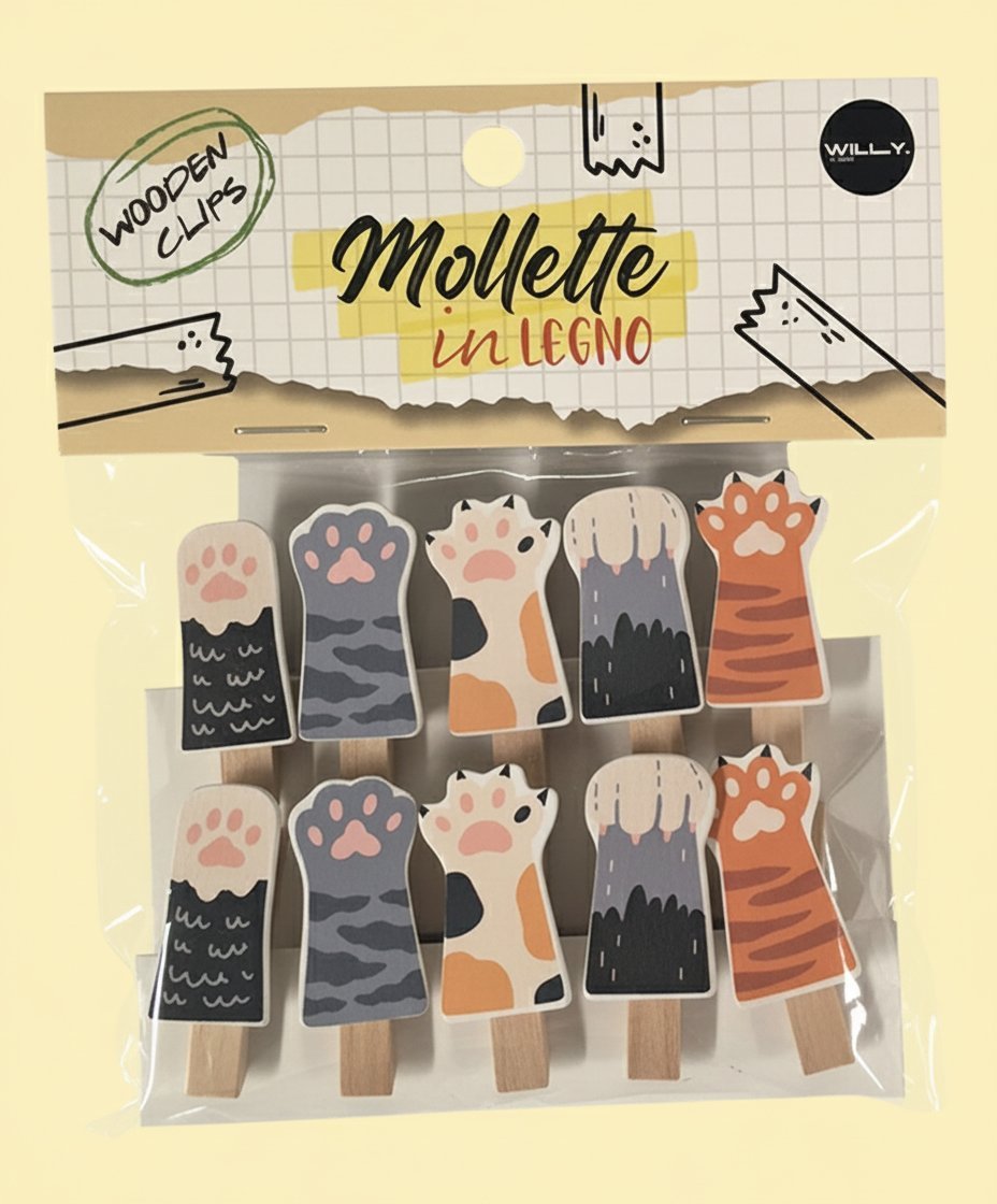 Set 10 mollette in legno con zampette gatto, fantasie colorate nero grigio arancione bianco e beige