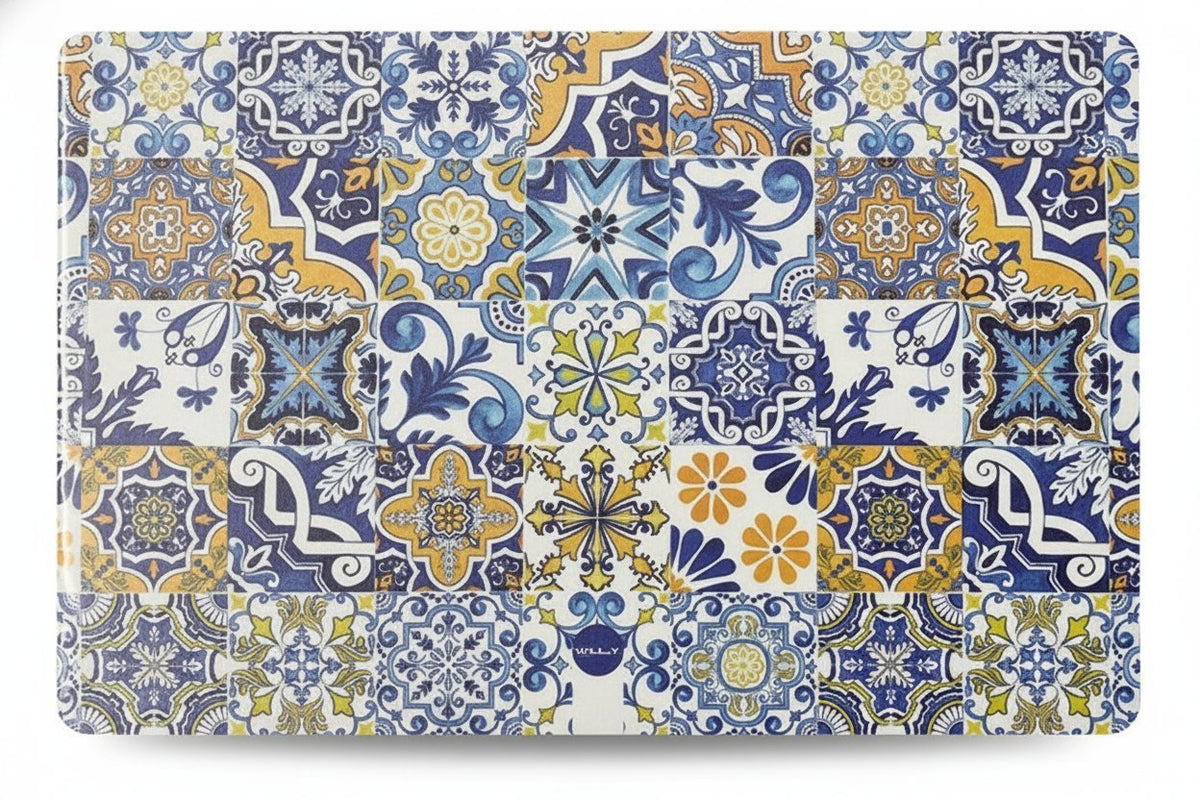 Tovaglietta americana con motivi geometrici maiolica blu, giallo e bianco in stile vintage portoghese