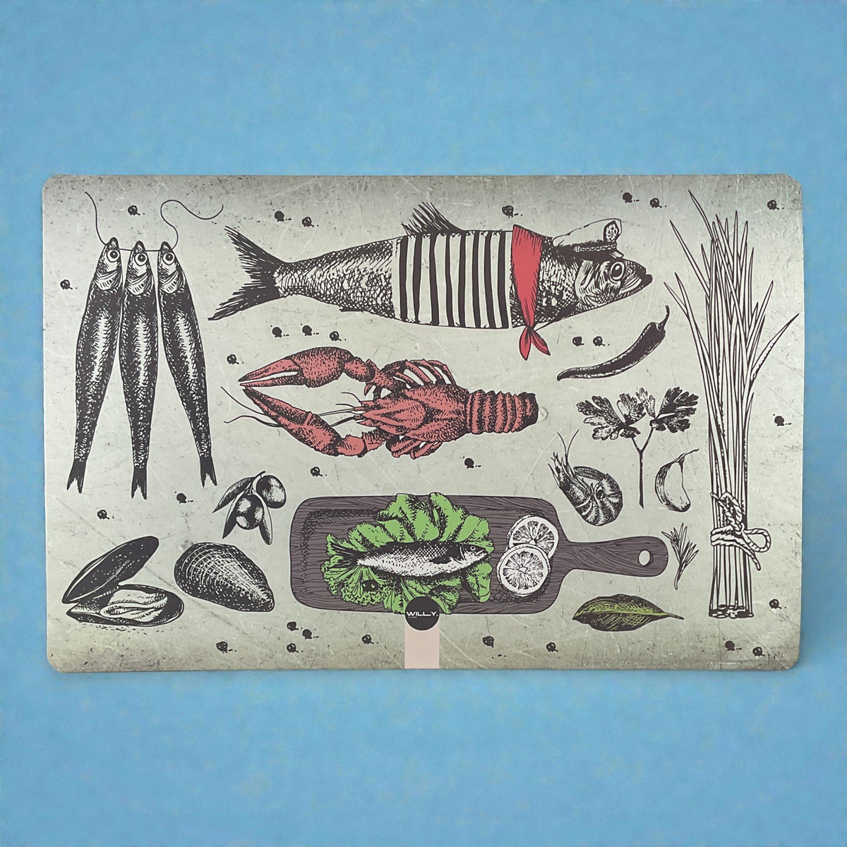 Tovaglietta americana con fantasia pesce, frutti di mare e ingredienti culinari su fondo beige, design vintage illustrato