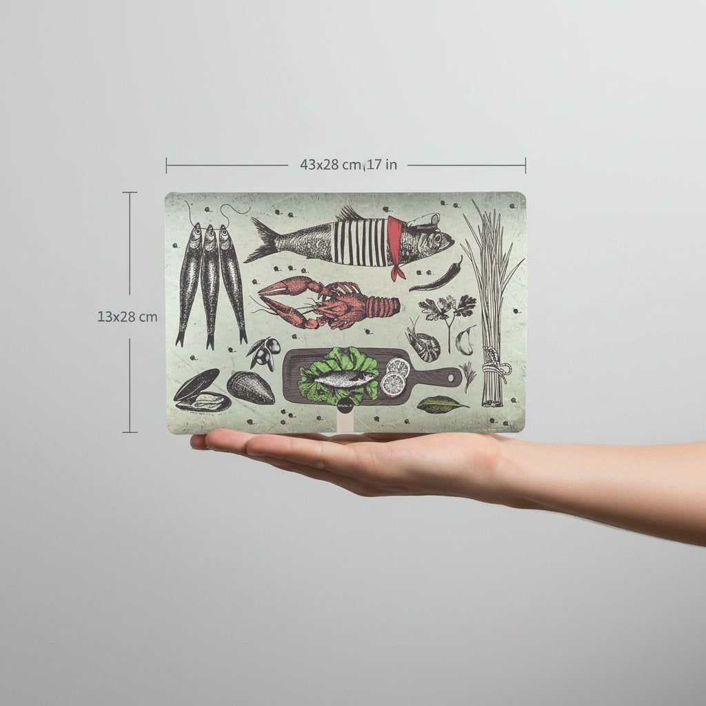 Tovaglietta americana beige con fantasia seafood: pesce striato rosso, gambero, molluschi, verdure e erbe aromatiche in