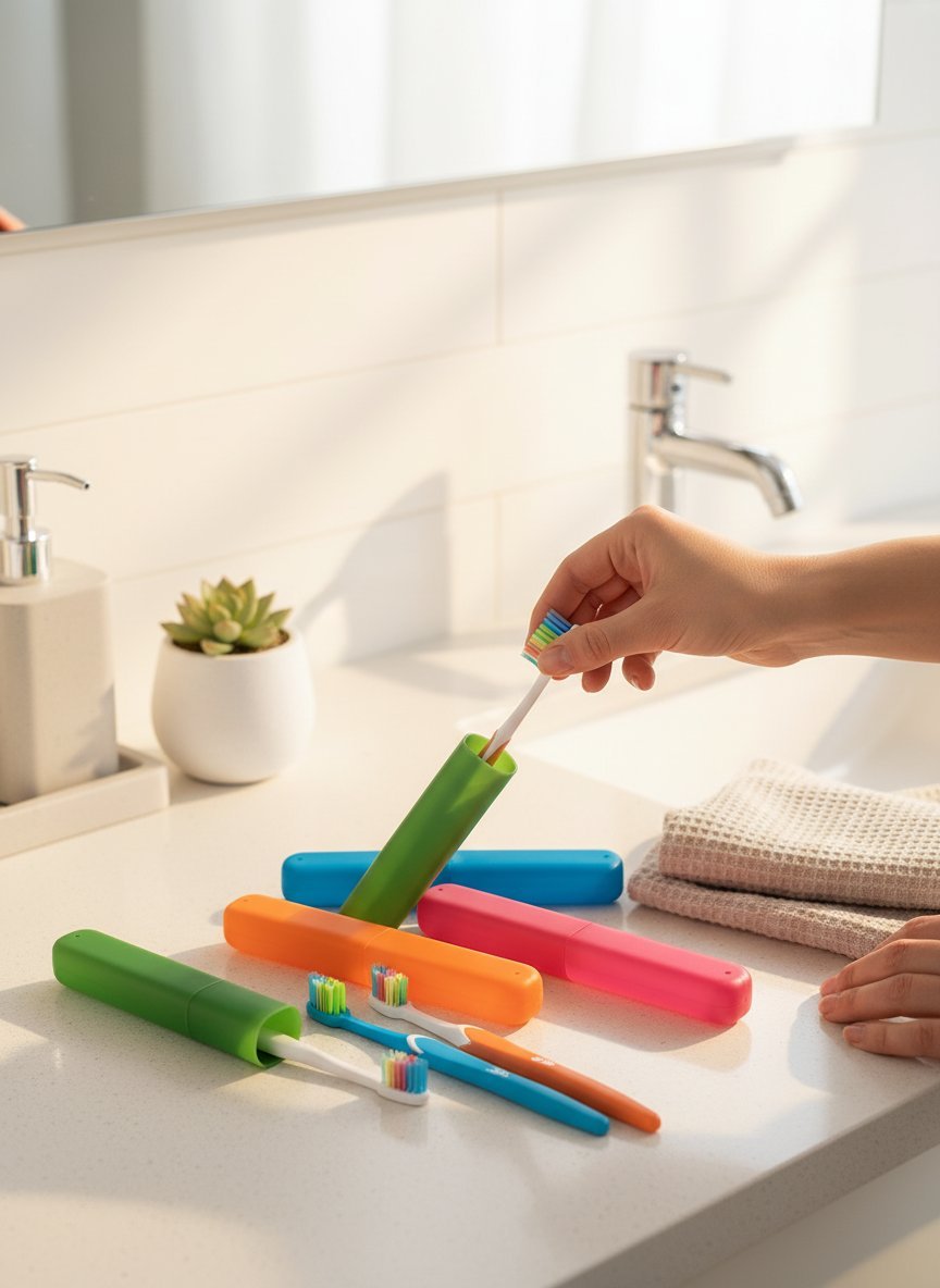 Set 2 portaspazzolino colorati in bagno moderno con spazzolini organizzati, accanto a asciugamani e pianta decorativa