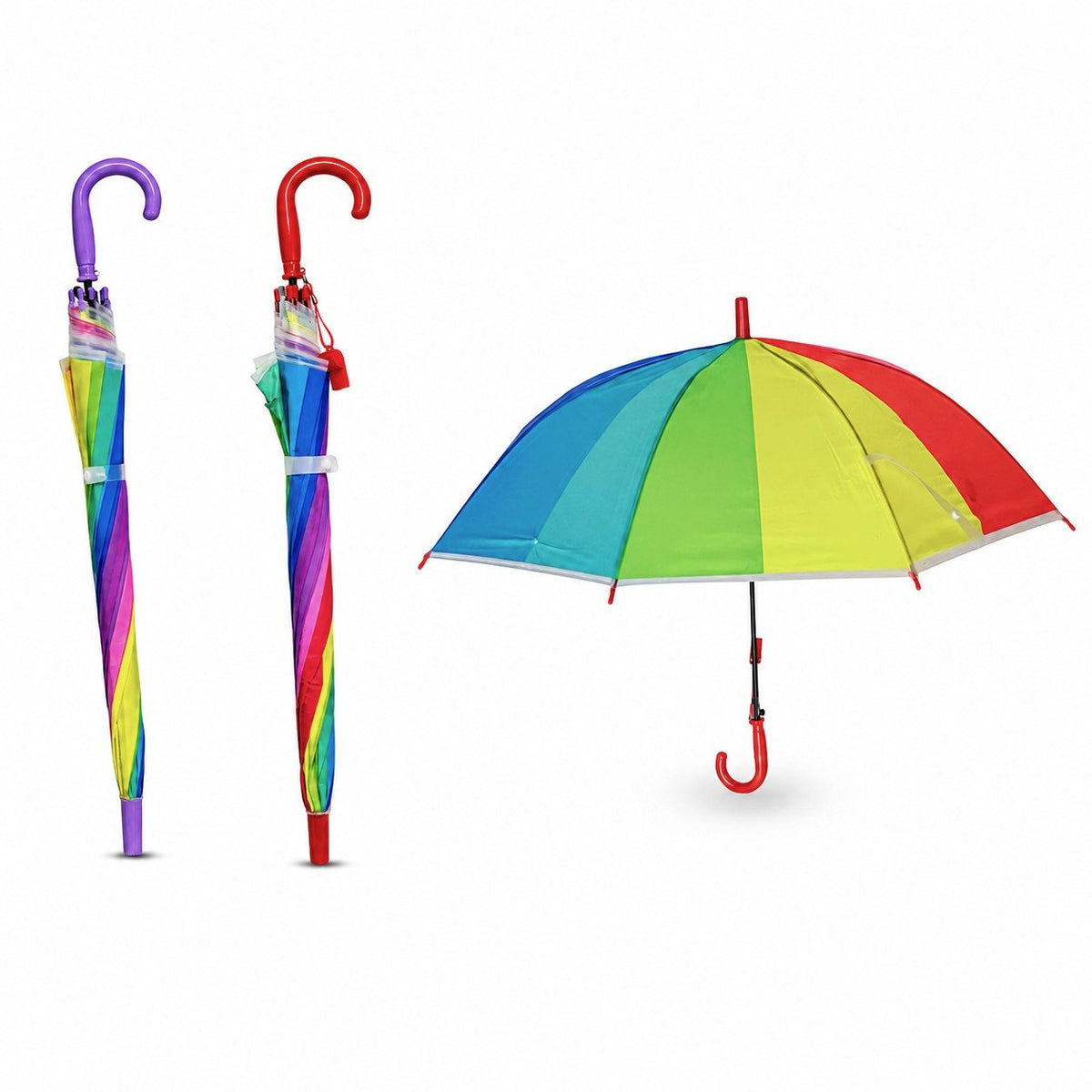 Ombrelli arcobaleno con manico curvo in viola e rosso, e ombrello aperto con spicchi multicolore blu verde giallo rosso