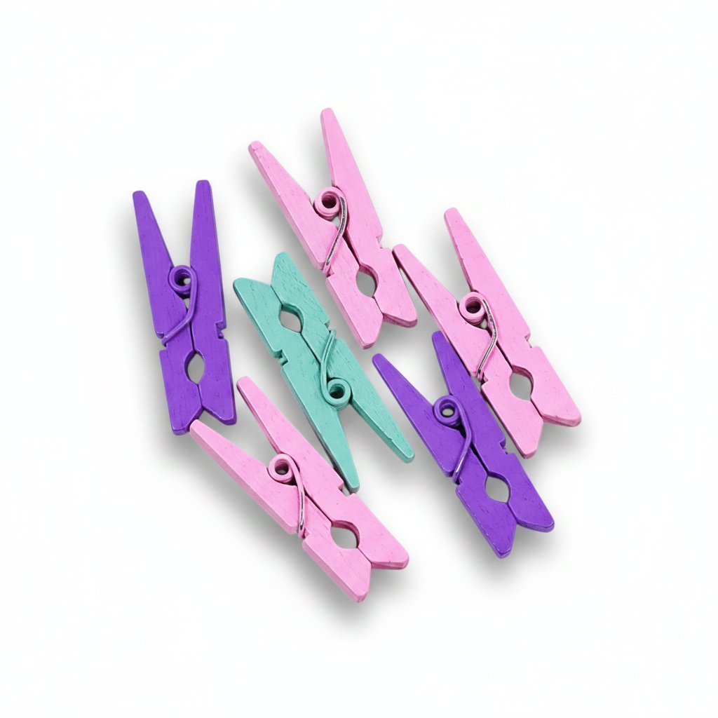 Set di venti clip in legno colorate nei toni di rosa, viola e azzurro con molle metalliche per appendere e organizzare docume