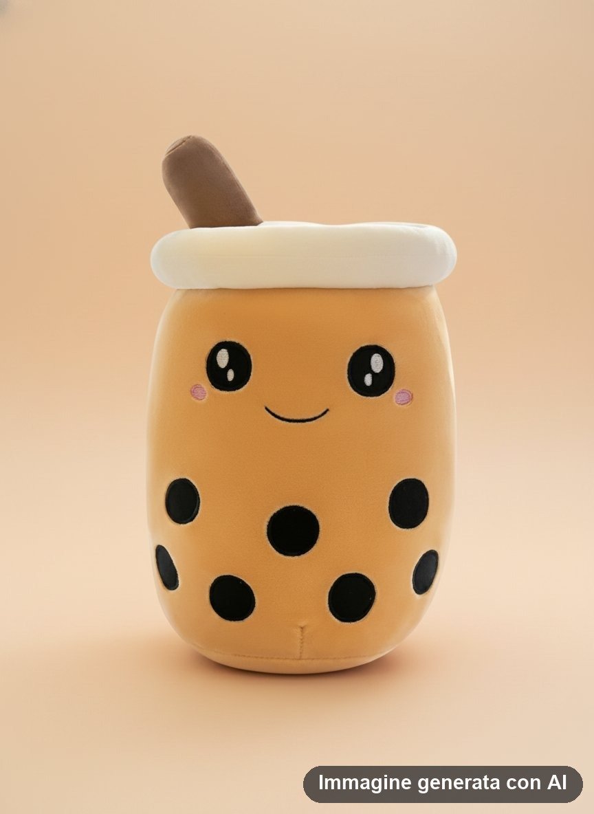 Cuscino morbido a forma di bicchiere di te con perle nere, faccina sorridente e cannuccia