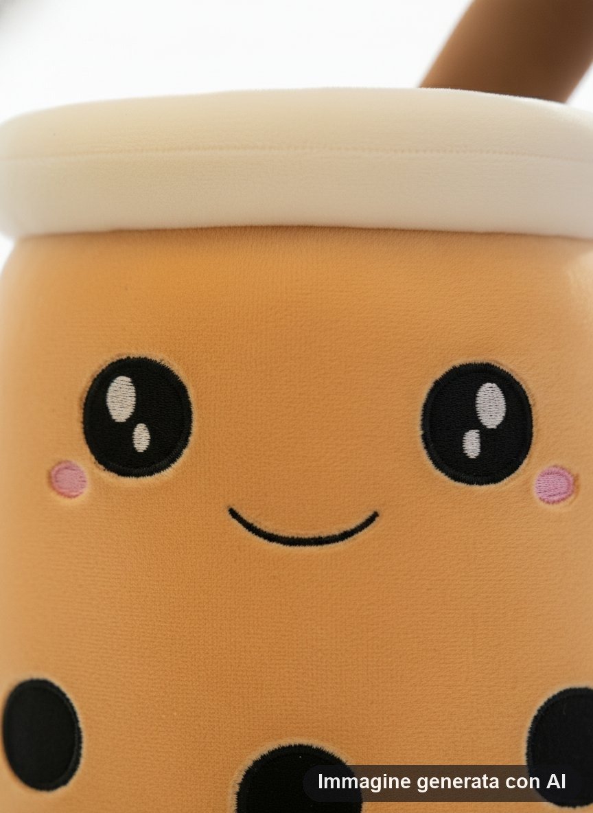 Cuscino morbido a forma di bicchiere di te con perle nere, faccina sorridente e cannuccia