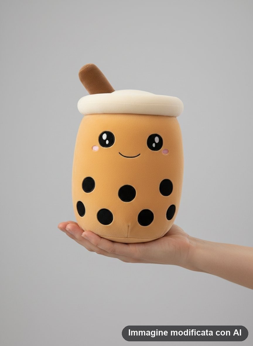 Cuscino morbido a forma di bicchiere di te con perle nere, faccina sorridente e cannuccia
