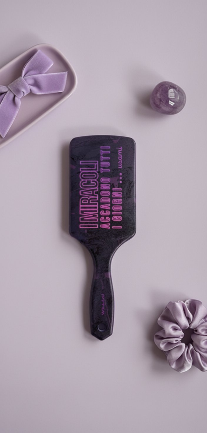 Spazzola per capelli nera con scritte in neon fucsia e manico decorato con fantasia pettini su sfondo rosa
