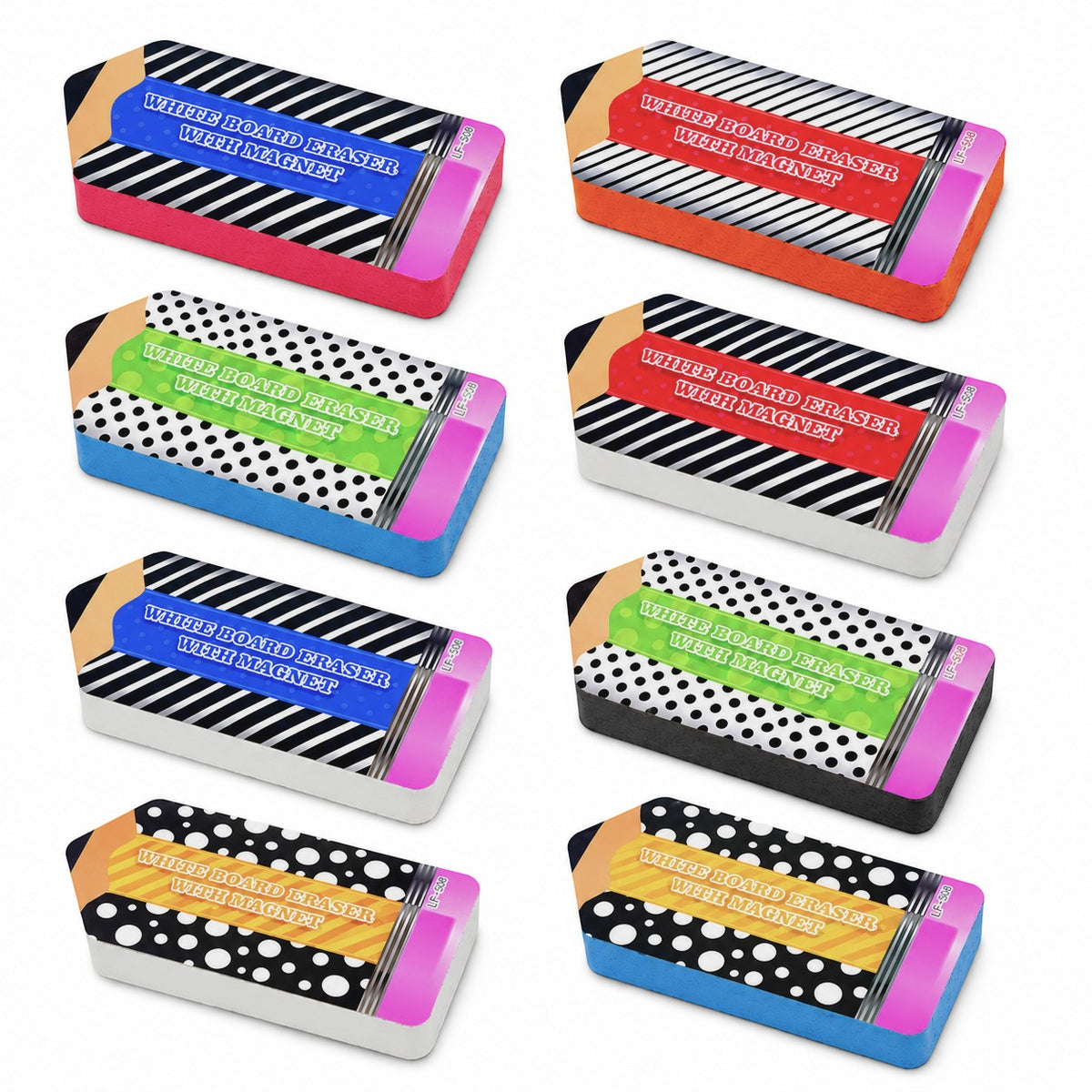 Cancellini magnetici per lavagna a forma di matita, con fantasie a righe e a pois in colori vivaci