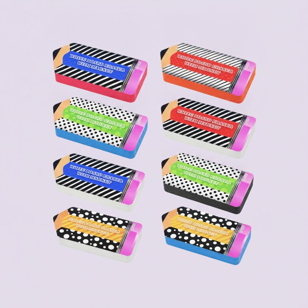 Otto gomme matita colorate con fantasie a righe, pois e arcobaleno in stile retro-pop con dettagli fluo
