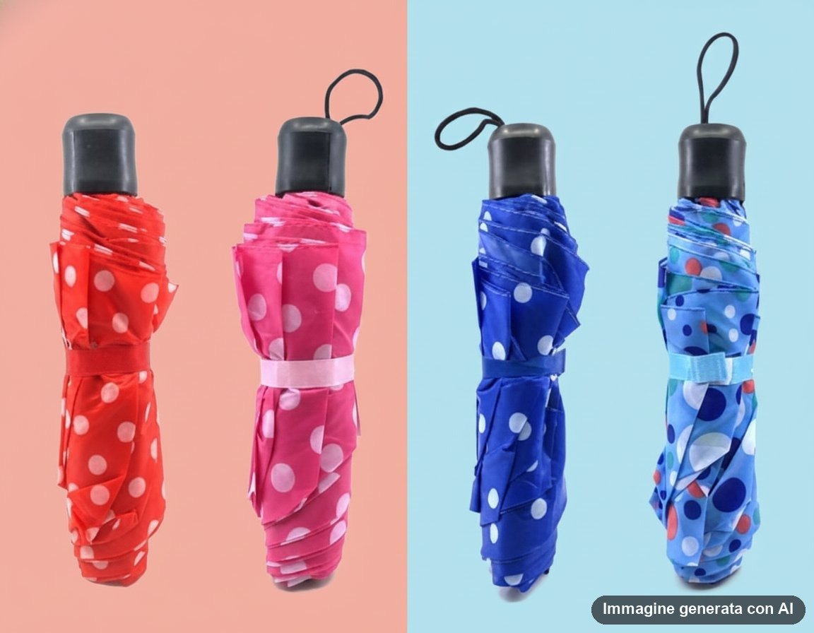 Quattro ombrelli compatti tascabili con fantasia pois bianchi nei colori rosso, fucsia, blu e azzurro con anellino di traspor