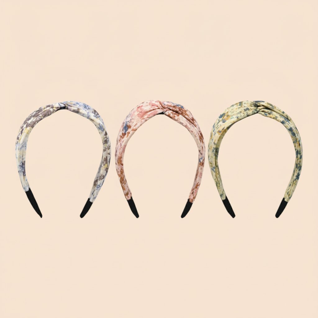 Tre fasce per capelli con stampa floreale vintage in blu, rosa e verde con finiture nere