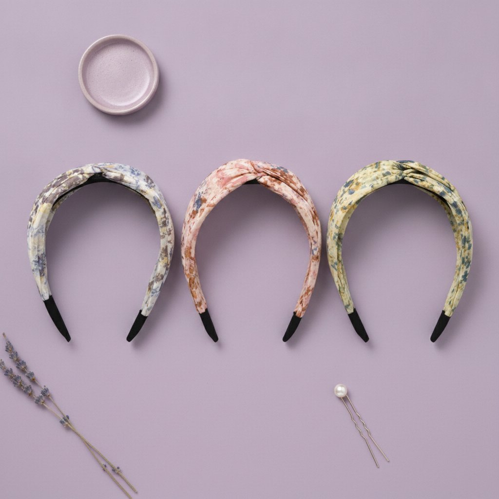 Tre fasce per capelli con stampa floreale vintage in blu, rosa e verde con finiture nere