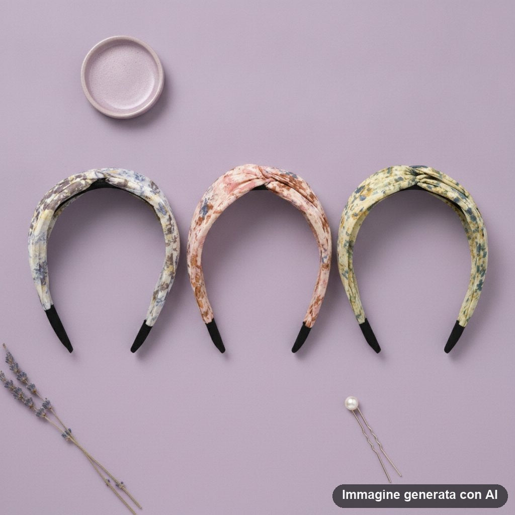Tre cerchietti per capelli con nodo centrale e fantasia schizzata nei toni grigio, rosa e giallo