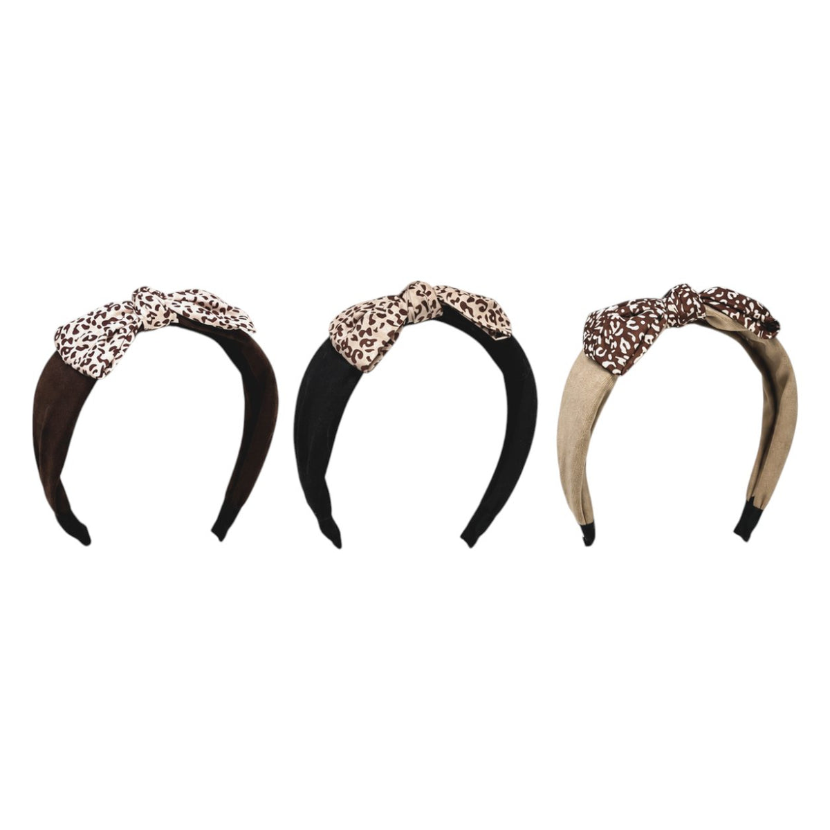 Fascia per capelli nera con fiocco in tessuto a stampa leopardata marrone e beige