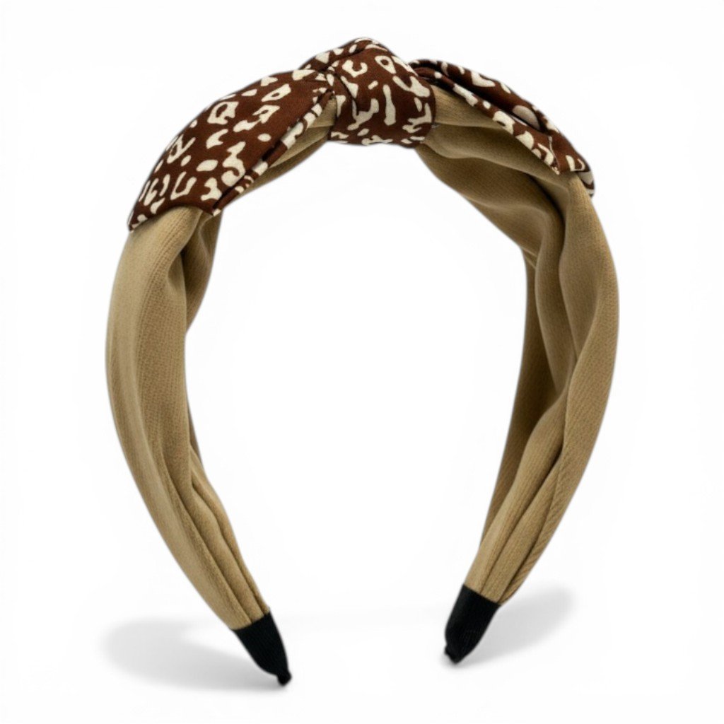 Fascia per capelli nera con fiocco in tessuto a stampa leopardata marrone e beige
