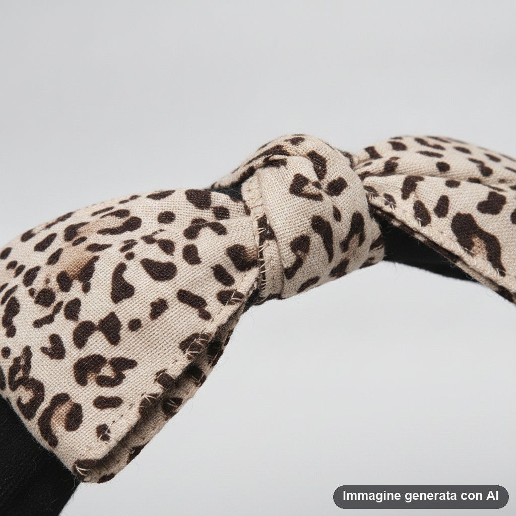Fascia per capelli nera con fiocco in tessuto a stampa leopardata marrone e beige