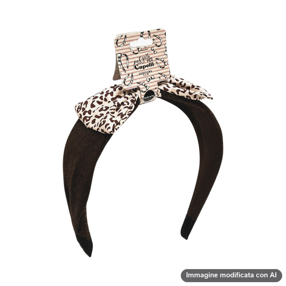 Fascia per capelli nera con fiocco in tessuto a stampa leopardata marrone e beige