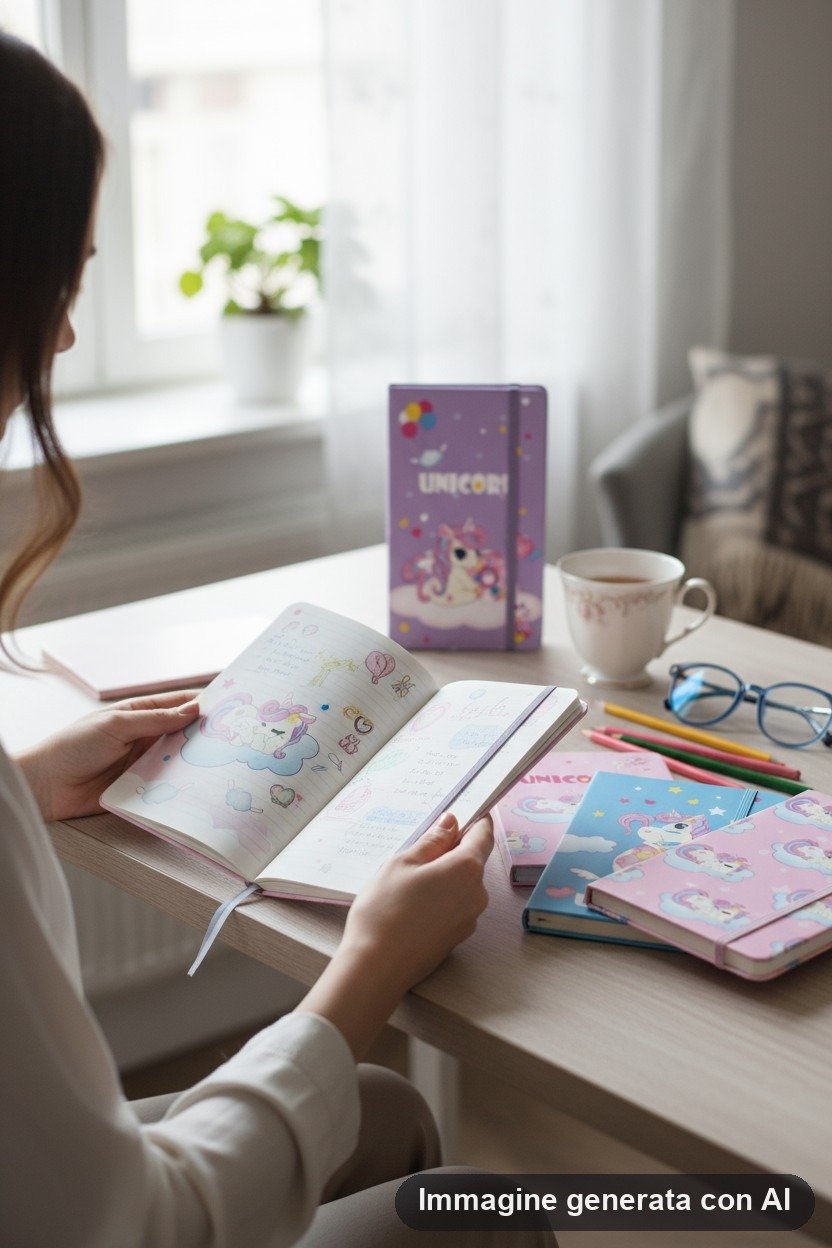 Quattro taccuini con elastico e unicorni disegnati su nuvole, stelle e cuori, rosa, viola e azzurro