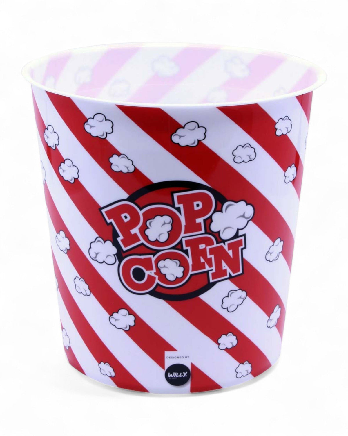 Secchiello per popcorn in plastica a righe rosse e bianche con popcorn disegnati