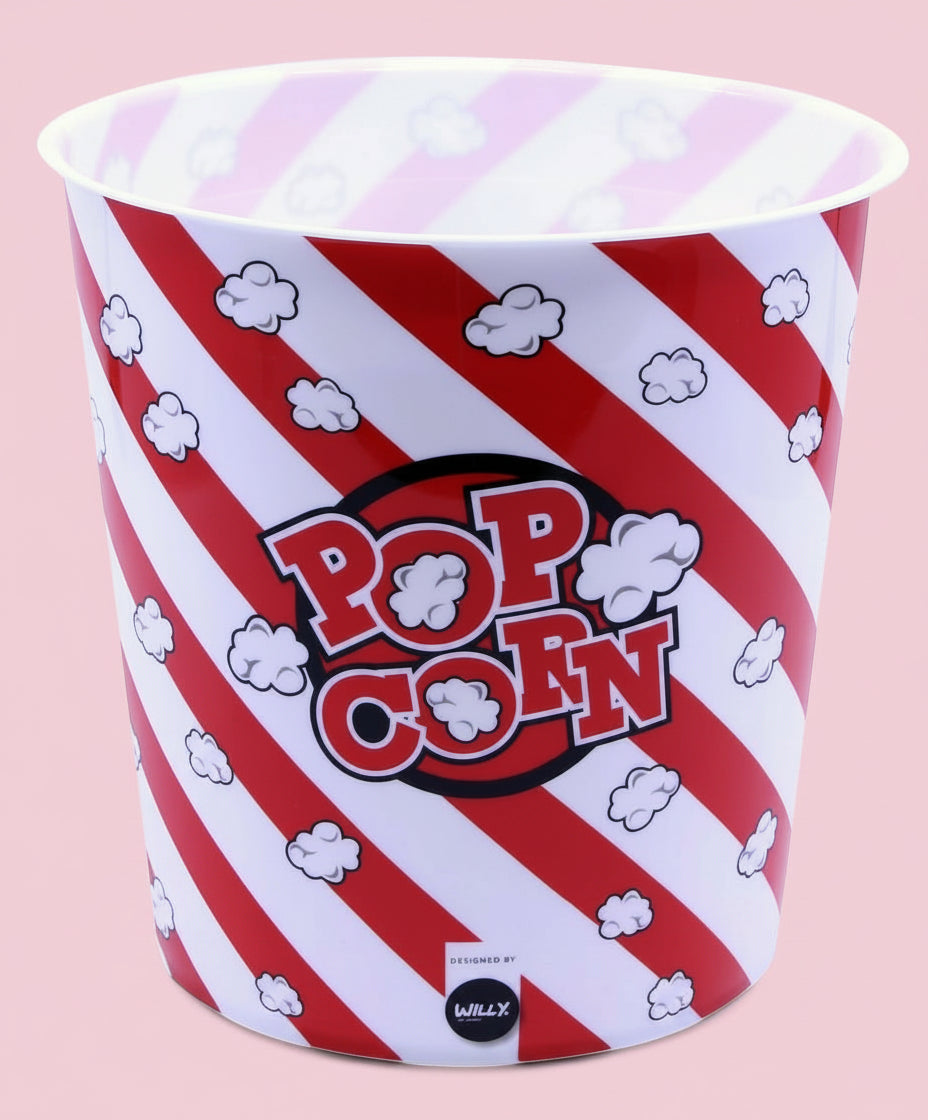 Secchiello per popcorn in plastica a righe rosse e bianche con popcorn disegnati