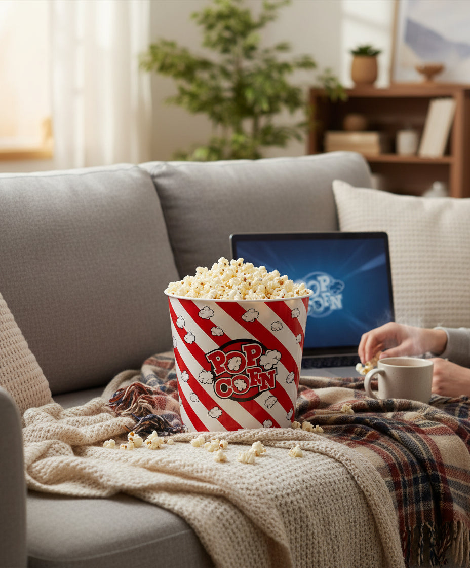 Secchiello per popcorn in plastica a righe rosse e bianche con popcorn disegnati