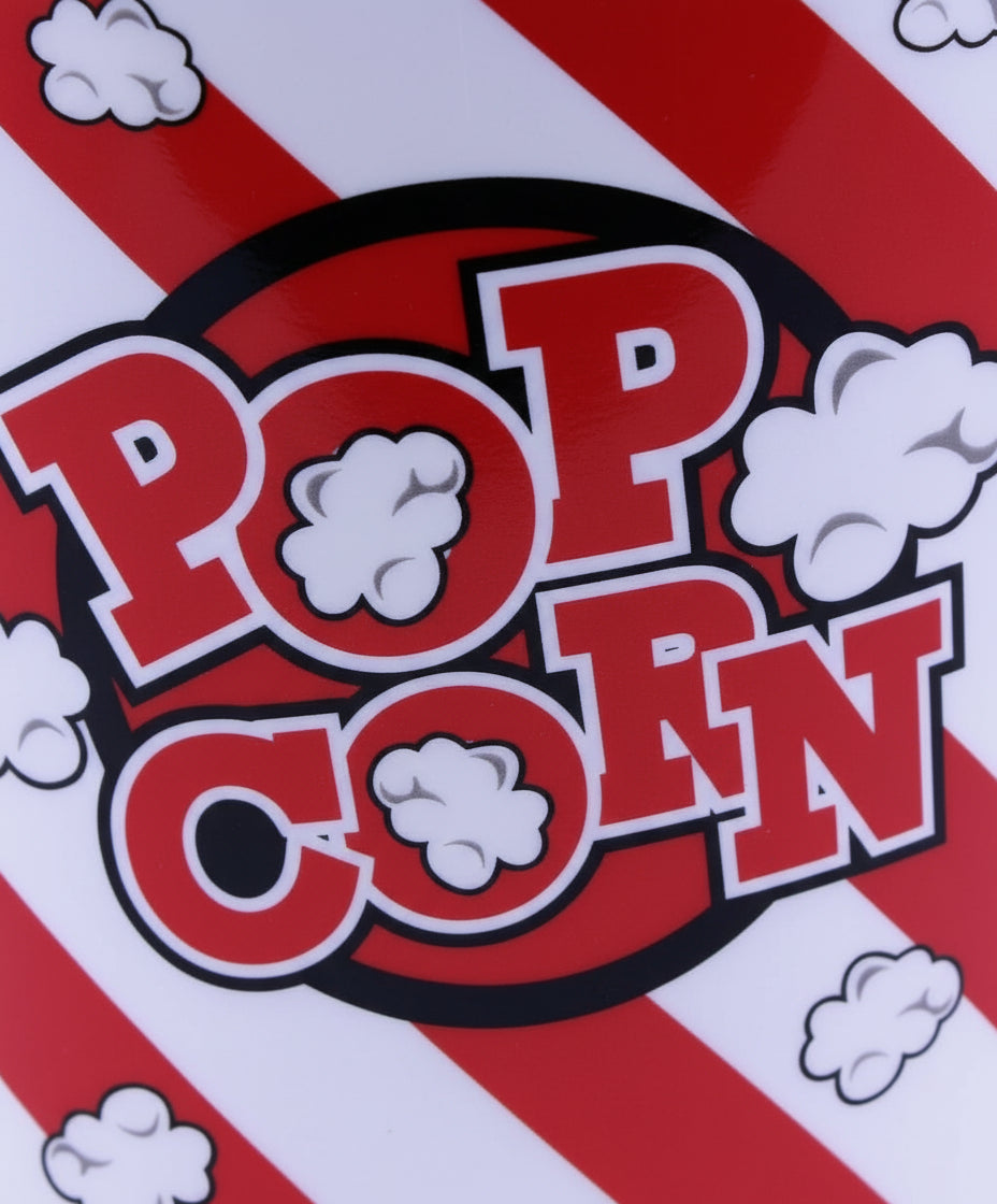 Secchiello per popcorn in plastica a righe rosse e bianche con popcorn disegnati