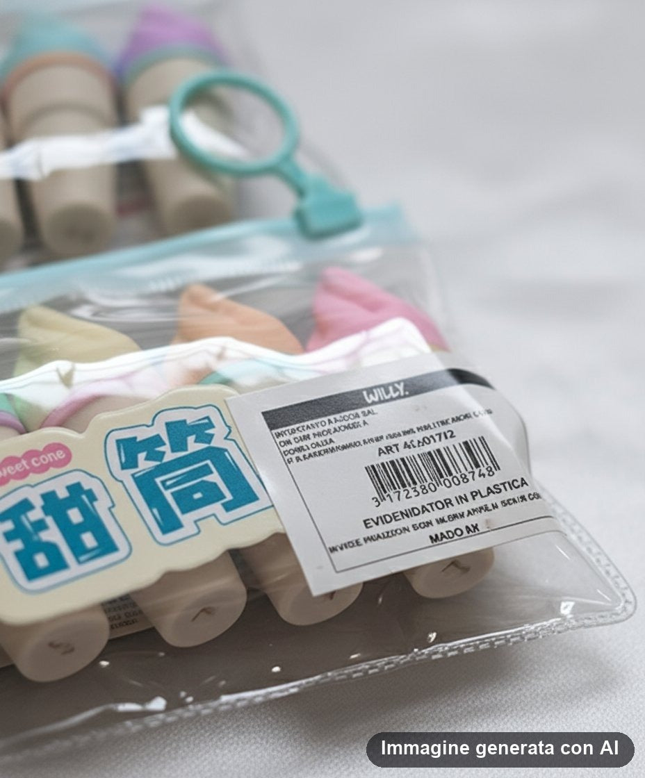 Sei evidenziatori a forma di cono gelato in tinte pastello, chiusi in una bustina trasparente con zip