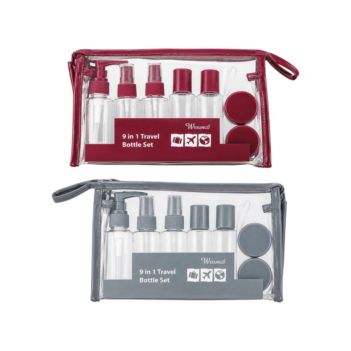 Set di 9 flaconi e barattoli da viaggio trasparenti ricaricabili in borsa di nylon bordeaux e grigia con zip