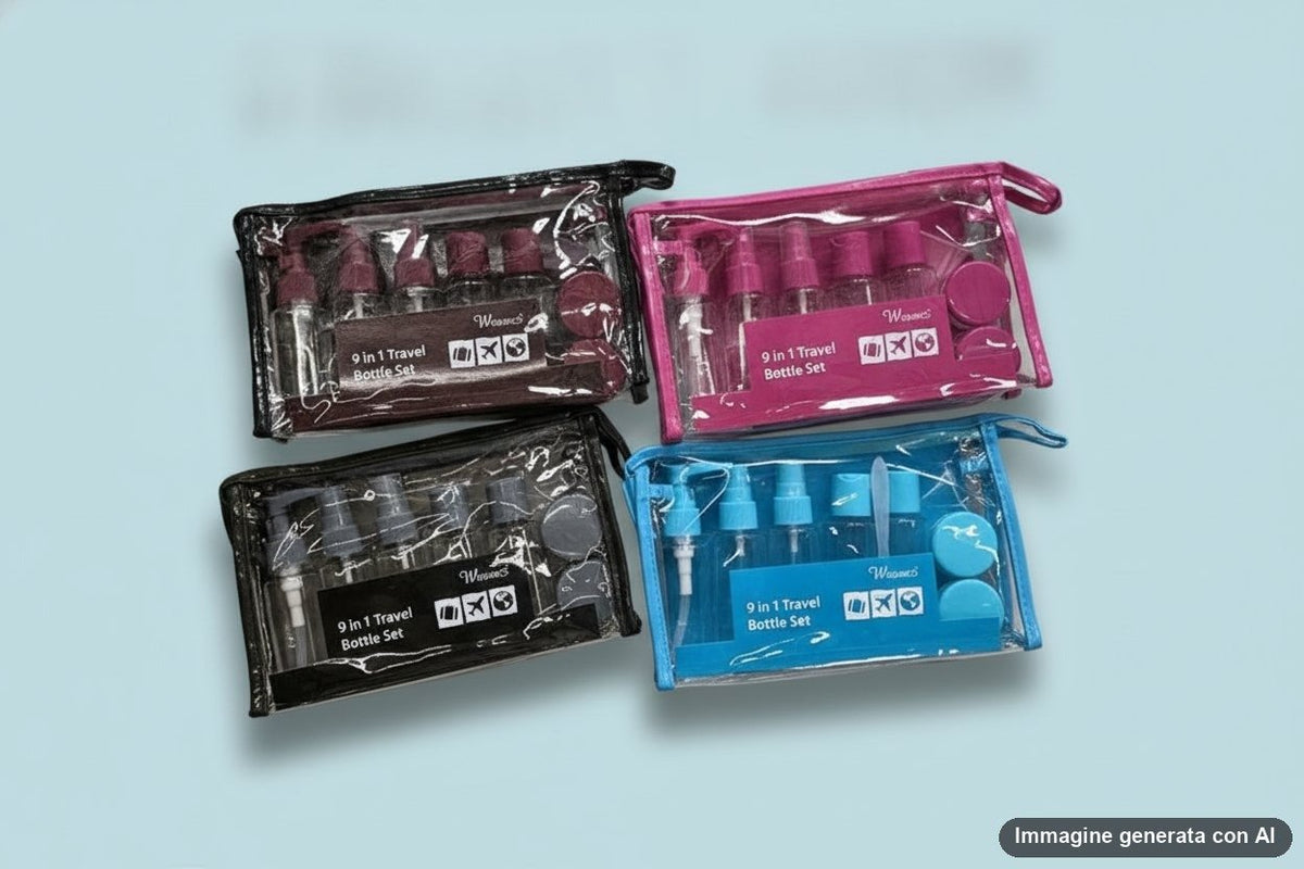 Set da viaggio con flaconi e vasetti in pochette trasparente, versione bordeaux e versione grigia