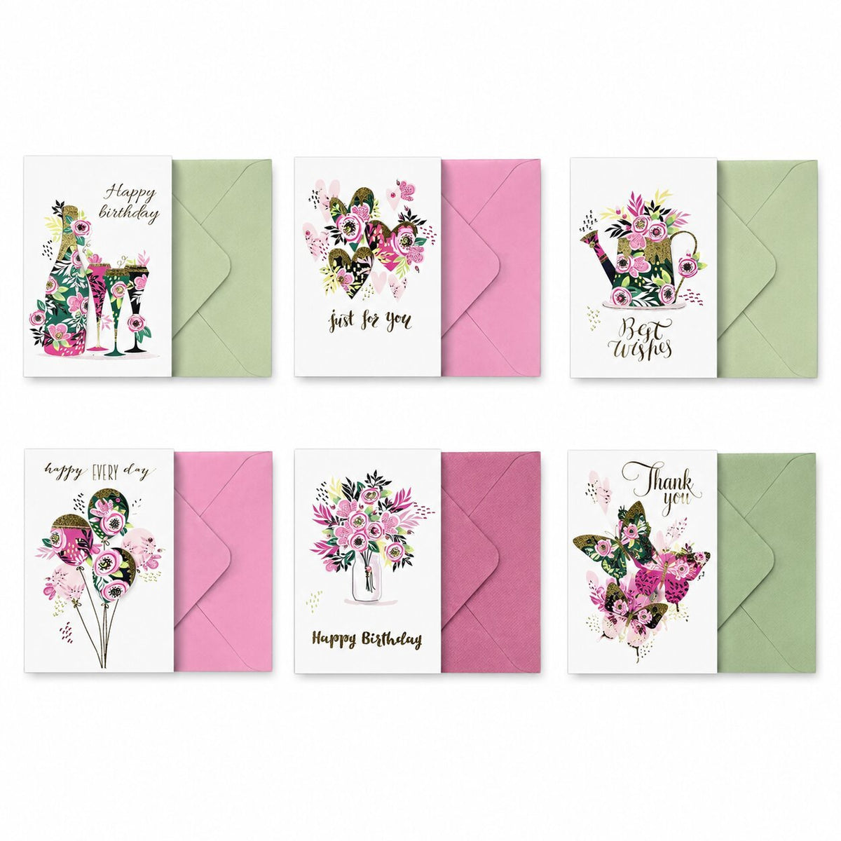 Sei biglietti d'auguri a fiori con bottiglia, cuori, annaffiatoio, palloncini e farfalle, con buste
