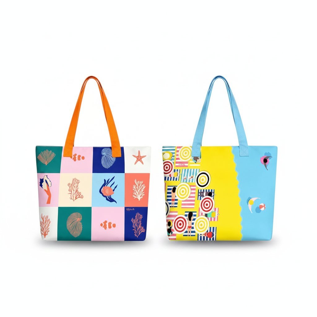 Due borse mare colorate con disegni di coralli, pesci e stelle marine in stile patchwork con manici colorati