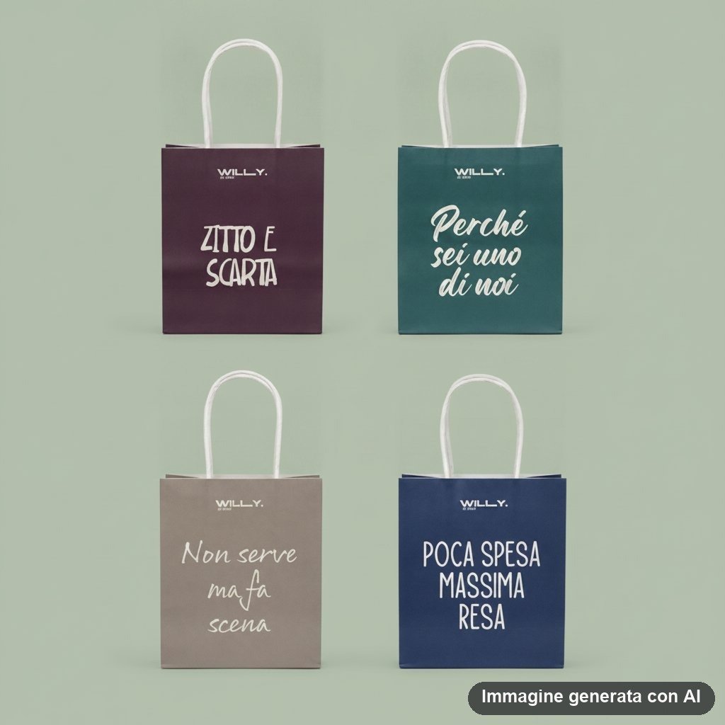 Set di quattro buste regalo shopper in colori scuri con frasi ironiche italiane e manici bianchi