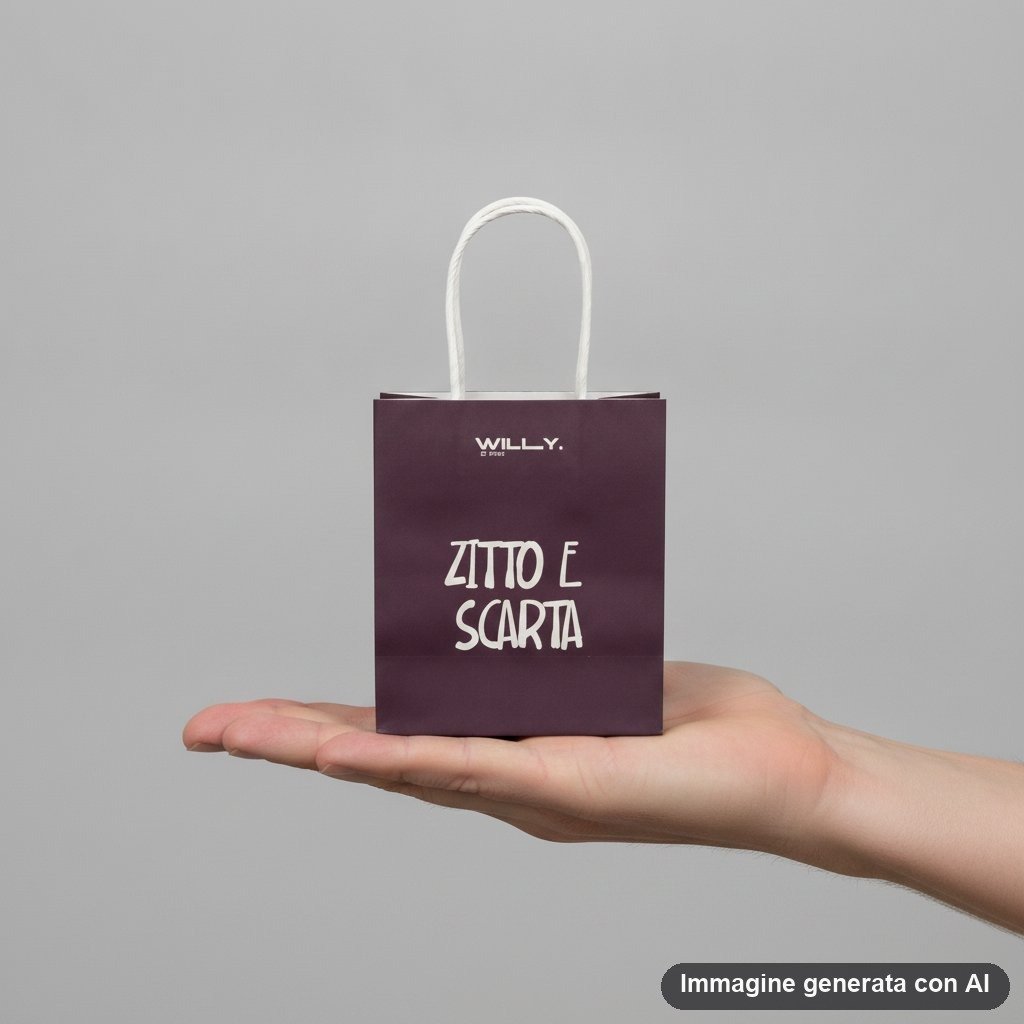 Set di quattro buste regalo shopper in colori scuri con frasi ironiche italiane e manici bianchi