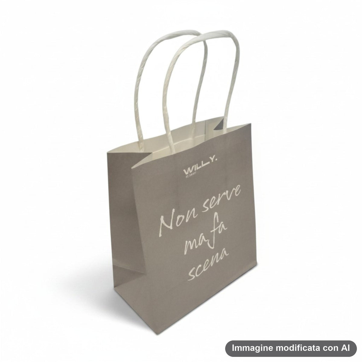 Set di quattro buste regalo shopper in colori scuri con frasi ironiche italiane e manici bianchi