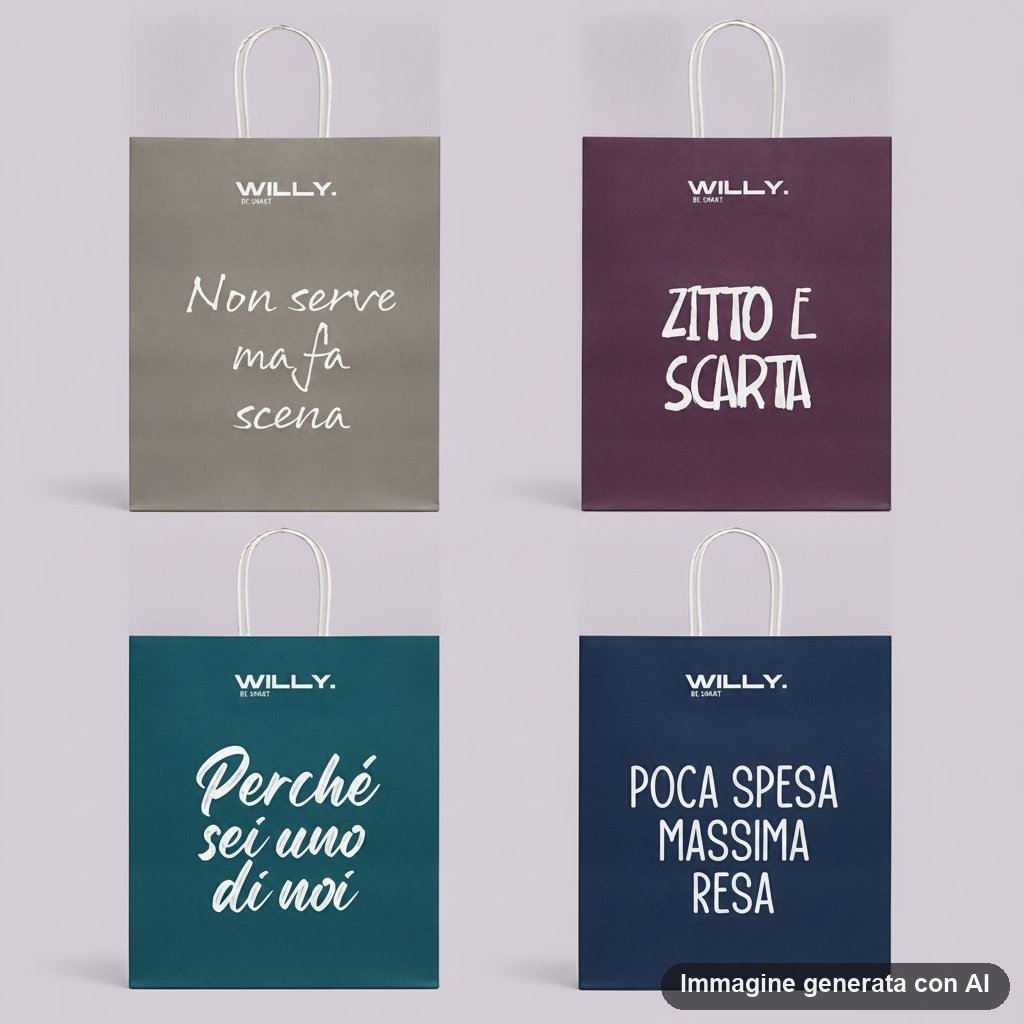 Quattro shopper medie in colori scuri con frasi ironiche scritte in bianco e manici in corda