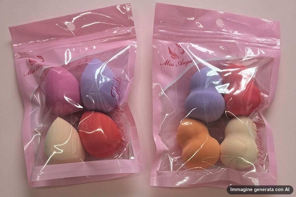 Quattro spugnette da trucco a goccia nei colori verde, rosa, arancione e fucsia