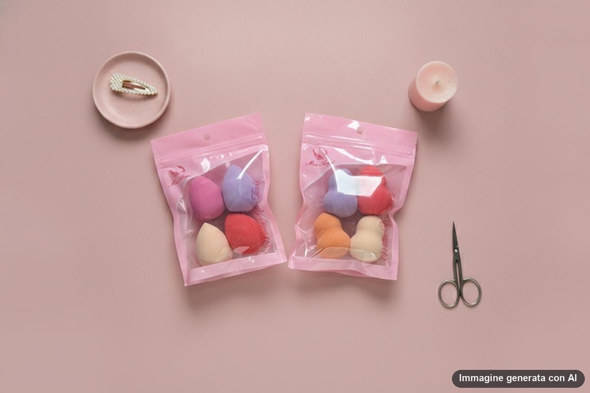 Quattro spugnette da trucco a goccia nei colori verde, rosa, arancione e fucsia