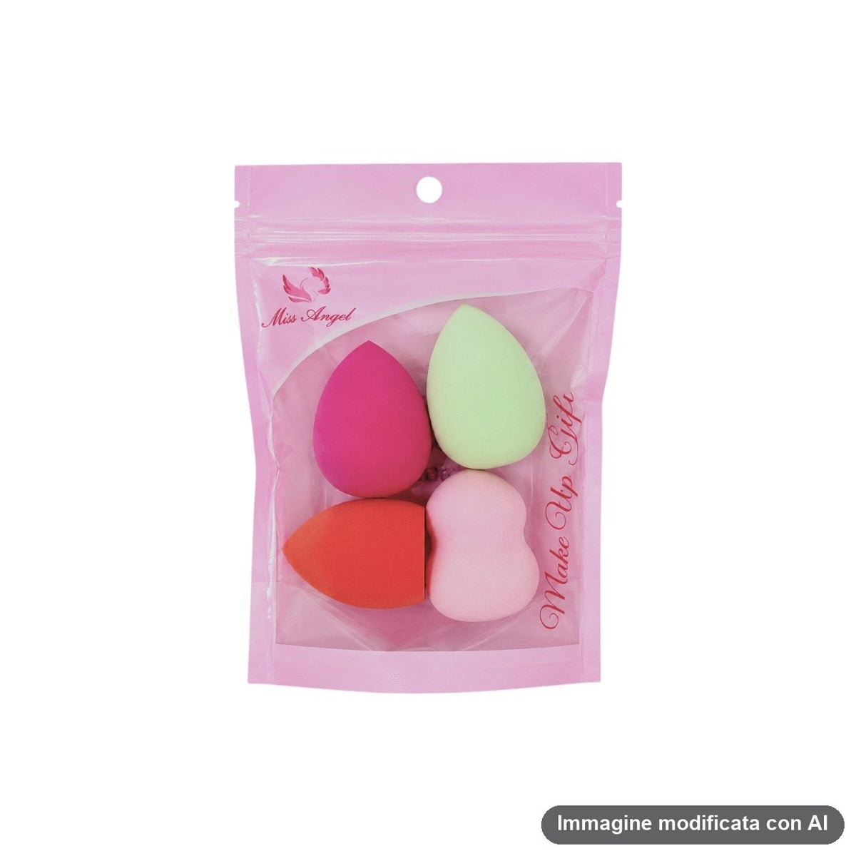 Quattro spugnette da trucco a goccia nei colori verde, rosa, arancione e fucsia