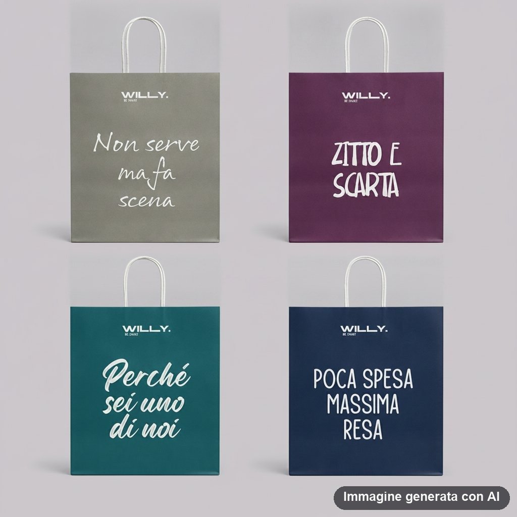 Set di quattro shopper regalo in colori scuri con frasi italiane ironiche e motivazionali stampate in bianco