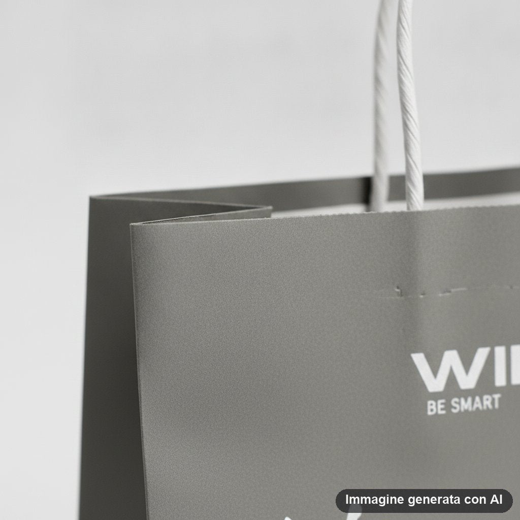 Set di quattro shopper regalo in colori scuri con frasi italiane ironiche e motivazionali stampate in bianco