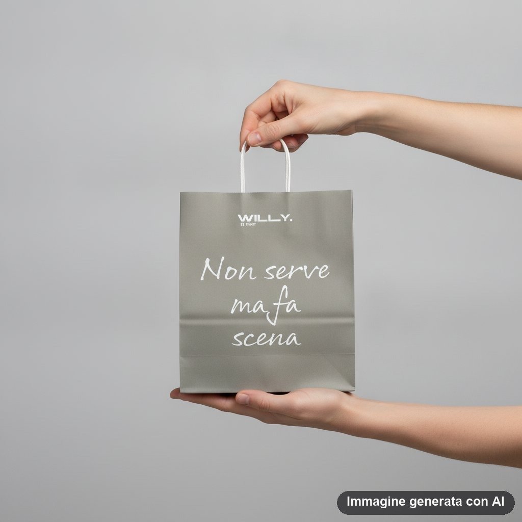 Set di quattro shopper regalo in colori scuri con frasi italiane ironiche e motivazionali stampate in bianco