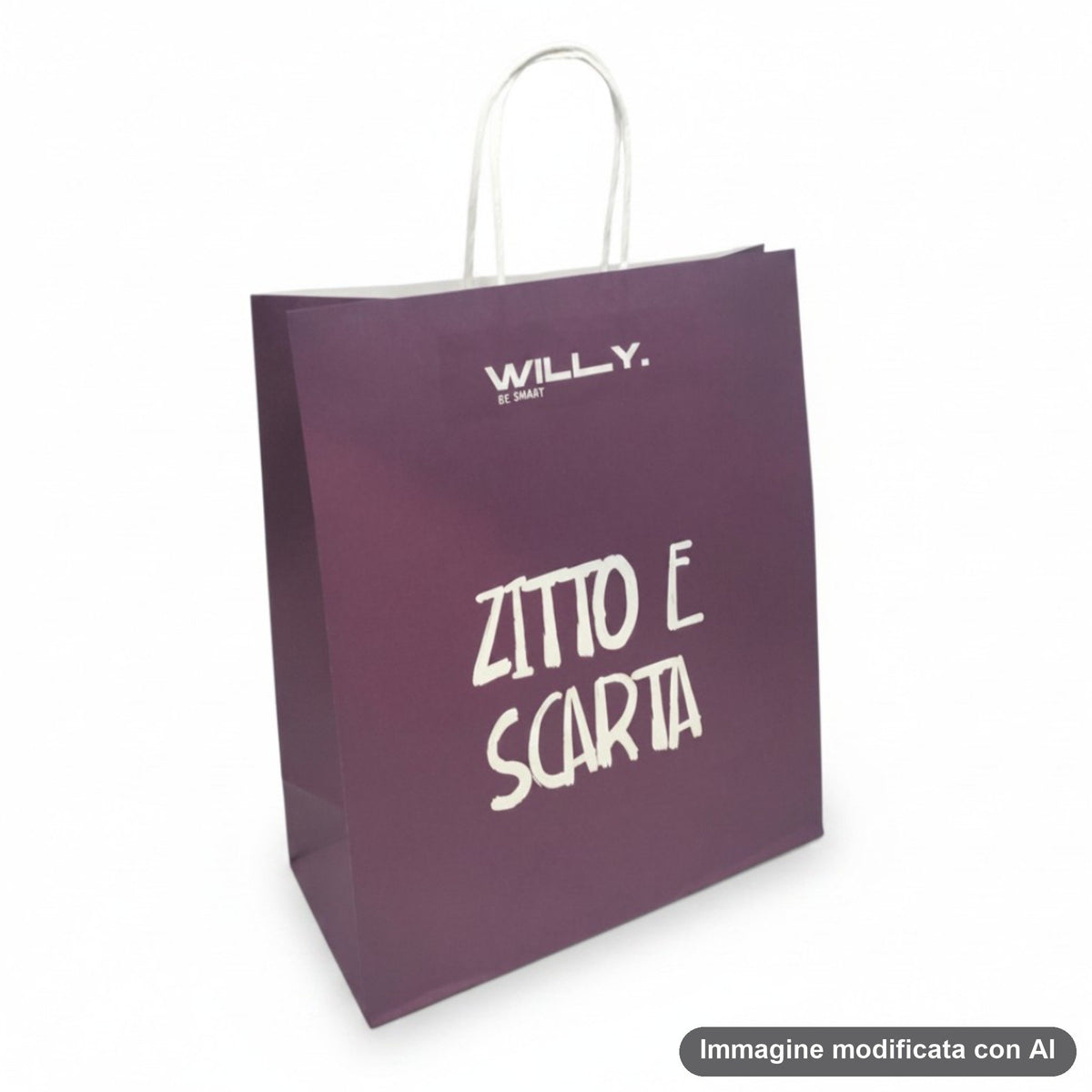 Set di quattro shopper regalo in colori scuri con frasi italiane ironiche e motivazionali stampate in bianco