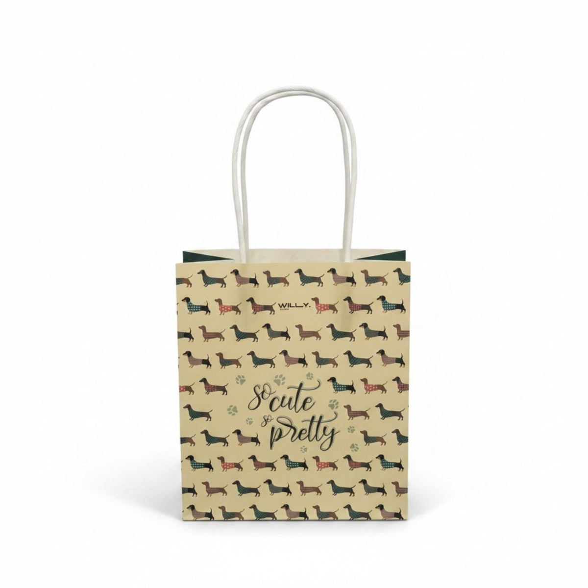 Piccolo sacchetto regalo in carta beige con bassotti disegnati, scritta corsiva e manici in cordino bianco